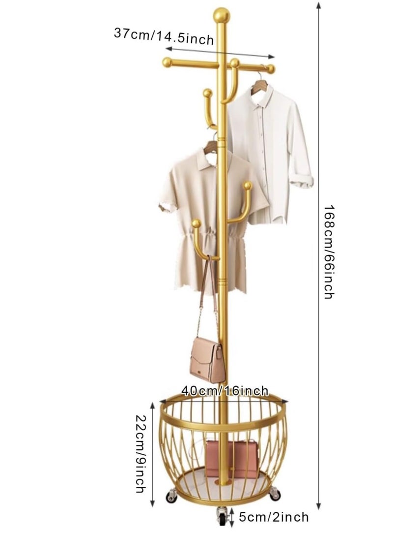 Generic Coat Rack Freestanding, Moveable Coat Tree with Basket, Modern Coat Hanger Stand with 4/6 Hooks for Scarf Jacket Hat, Metal Clothes Rack for Living Room Bedroom Office(168cm/66inch, Gold) - Image 3