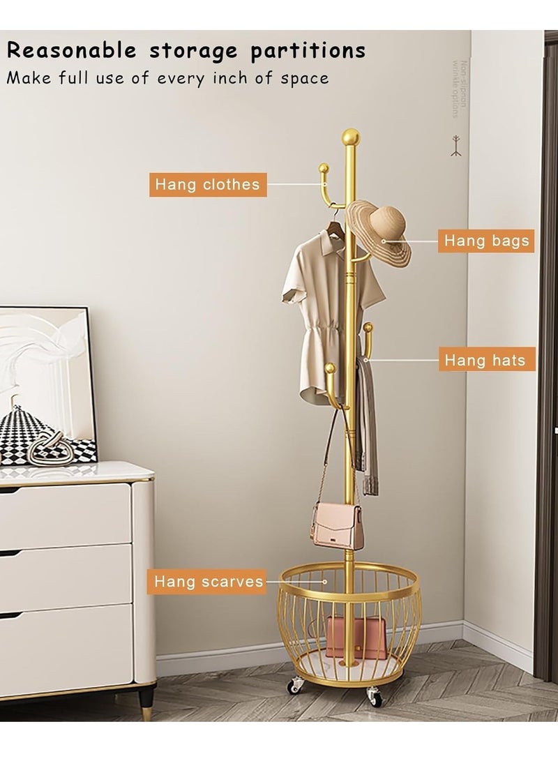 Generic Coat Rack Freestanding, Moveable Coat Tree with Basket, Modern Coat Hanger Stand with 4/6 Hooks for Scarf Jacket Hat, Metal Clothes Rack for Living Room Bedroom Office(168cm/66inch, Gold) - Image 4
