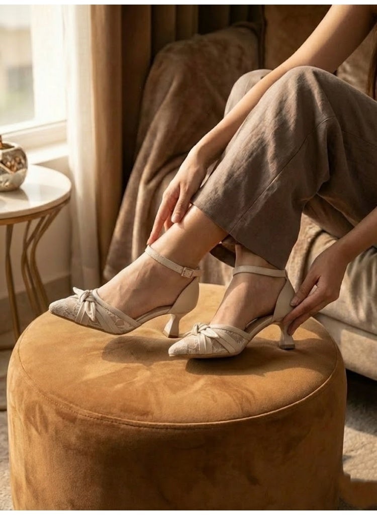Shoes Mid Heels Dentelle With Bow F-612 - Beige
