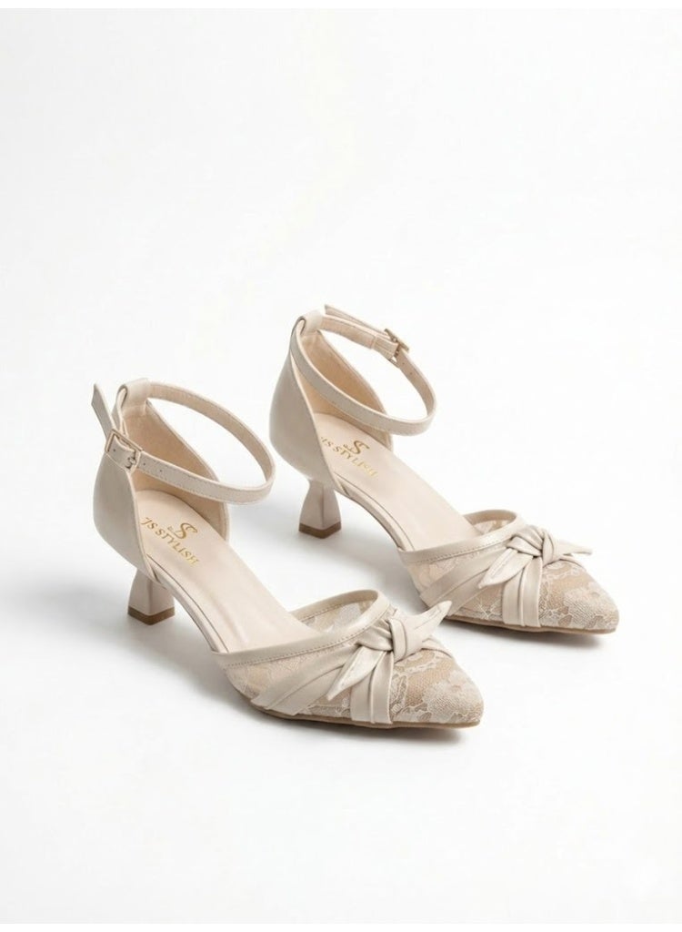 لايف ستيلاش  أحذية كعب متوسط دانتيل مع فيونكه F-612 - بيج - Image 2