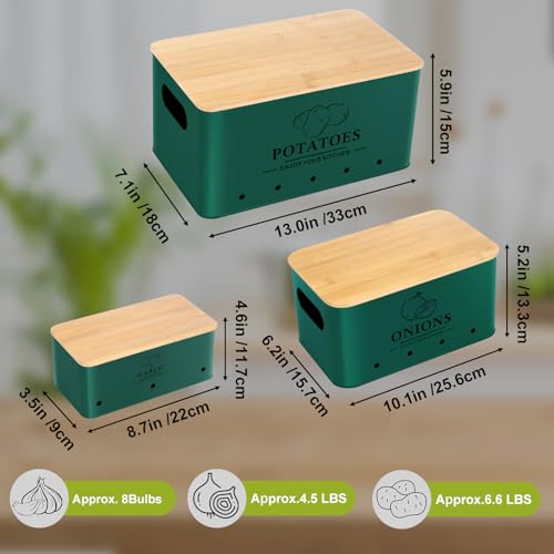 Dekosilave Kitchen Vegetable Storage Set of 3, Metal Onion Garlic Potato Storage Set, Kitchen Canisters Vegetable Keeper Containers with Aerating Holes and Wooden Lid (Alpine Green) - Image 4