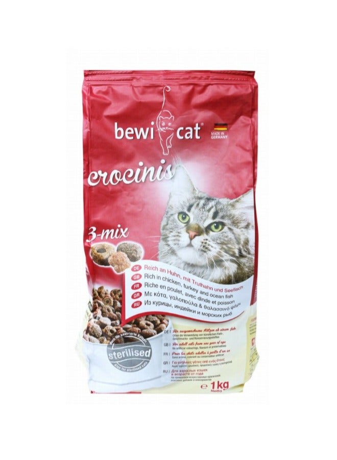 بيوي كات Crocinis 3 Mix Dry Food with Chicken  Turkey & Fish for Sterilised Adult Cats1 kg