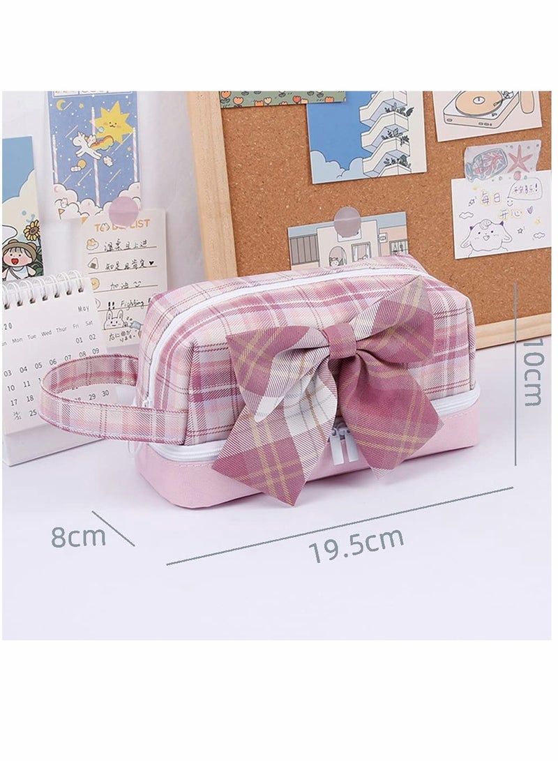 KASTWAVE Pencil Case, Plaid Bowknot Pencil, Pouch Canvas Marker Pen Case, Portable Cosmetic Bag, for Student Teens Girls Adults Large Capacity Pencil Box (2-red) - Image 2