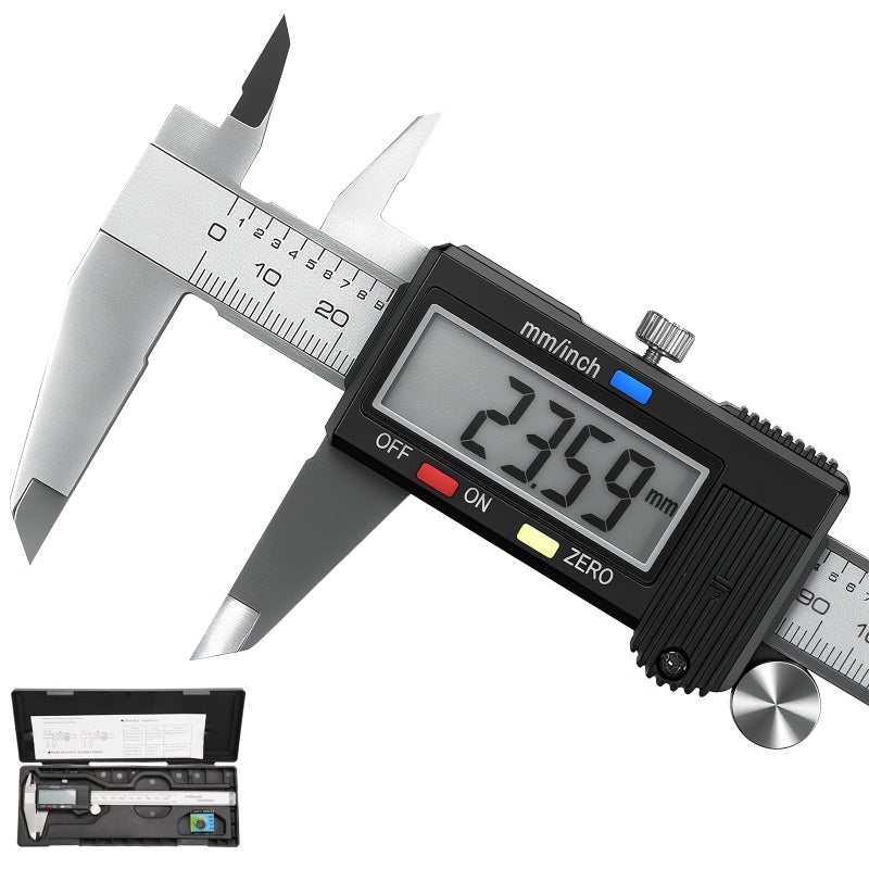Qfun Caliper Measuring Tool, Qfun Vernier Digital Caliper Stainless Steel 6 Inch/150mm, Digital Micrometer Waterproof, Easy Switch from Inch to Millimeter, Large LCD Screen - Image 1