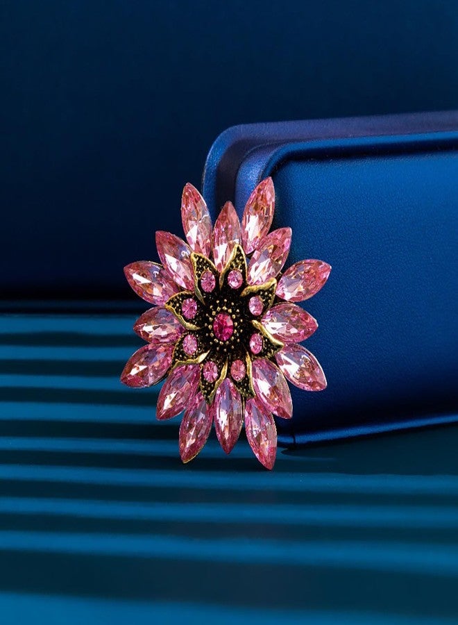 MarveBard Sparkling Rhinestone Flower Brooch Pin Fashion Crystal Sunflower Brooch Floral Lapel Pins Red/Green/Purple/Pink Crystal CZ Broochs Large Flower Pin Clothes Hat Bag Dress Broochs Wedding Bridal Jewelry for Women (Pink) - Image 3