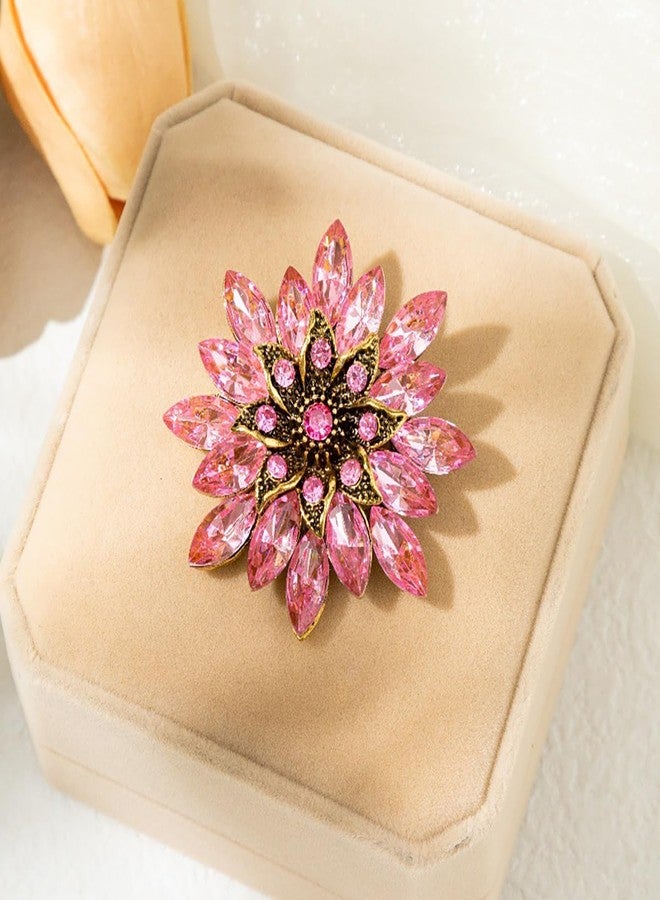 MarveBard Sparkling Rhinestone Flower Brooch Pin Fashion Crystal Sunflower Brooch Floral Lapel Pins Red/Green/Purple/Pink Crystal CZ Broochs Large Flower Pin Clothes Hat Bag Dress Broochs Wedding Bridal Jewelry for Women (Pink) - Image 2