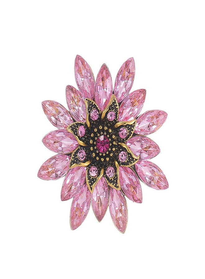 MarveBard Sparkling Rhinestone Flower Brooch Pin Fashion Crystal Sunflower Brooch Floral Lapel Pins Red/Green/Purple/Pink Crystal CZ Broochs Large Flower Pin Clothes Hat Bag Dress Broochs Wedding Bridal Jewelry for Women (Pink) - Image 1
