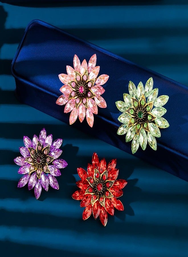 MarveBard Sparkling Rhinestone Flower Brooch Pin Fashion Crystal Sunflower Brooch Floral Lapel Pins Red/Green/Purple/Pink Crystal CZ Broochs Large Flower Pin Clothes Hat Bag Dress Broochs Wedding Bridal Jewelry for Women (Pink) - Image 4