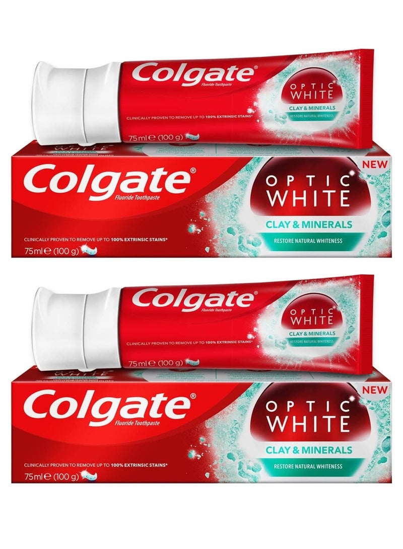 Colgate 2 Piece Set Optic White Clay and Minerals Remove Stains and Restore Natural Whiteness Mint 2X75 ml - Image 1