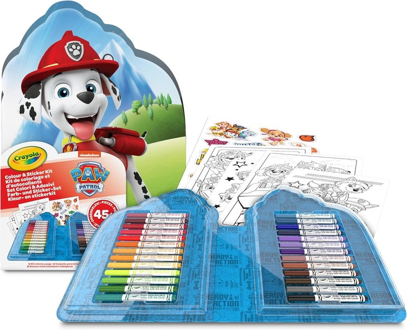 Crayola كرايولا - حقيبة مع ألوان وملصقات باو باترول، مجموعة أقلام تلوين، صفحات تلوين، ملصقات، 45 قطعة، هدية إبداعية للأطفال من 5 سنوات - Image 1