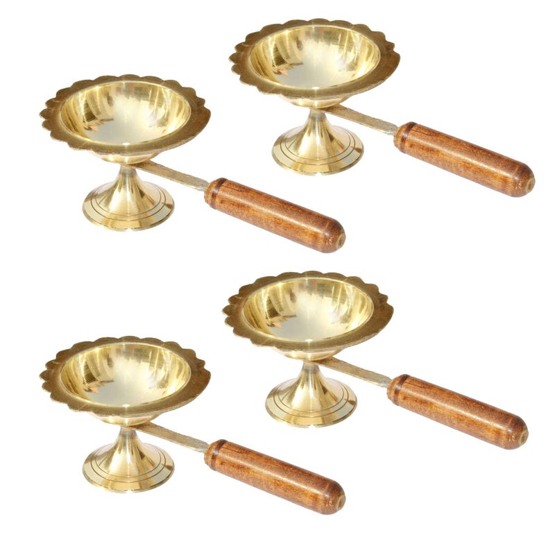 Tip 'n' Top Tip n Top Brass Table Diya OilGhee Lamp Puja Diya with Long Wooden Handle for Grip and Safety Brass Size 2 Inch Height Pack of 4 