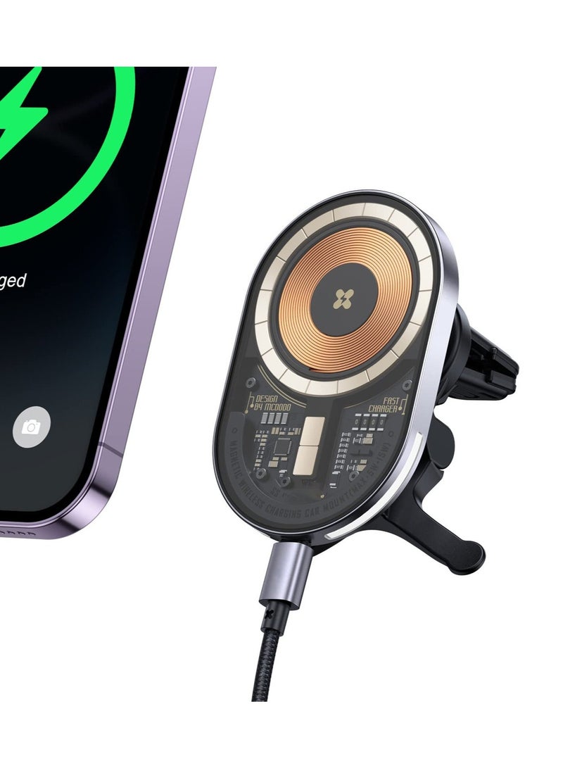 Captaintech Mag Safe Magnetic Wireless Car Charger Holder for iPhone 15W Quick Charge Vent Hole Phone Holder for iPhone 14/14 Pro/14 Max/13/13 Pro/13 Pro Max/ 12/12Pro/Mini Phone Holder Car Accessories Gray - Image 1