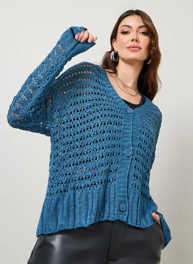 Styli Textured Button Down Short Length Cardigan