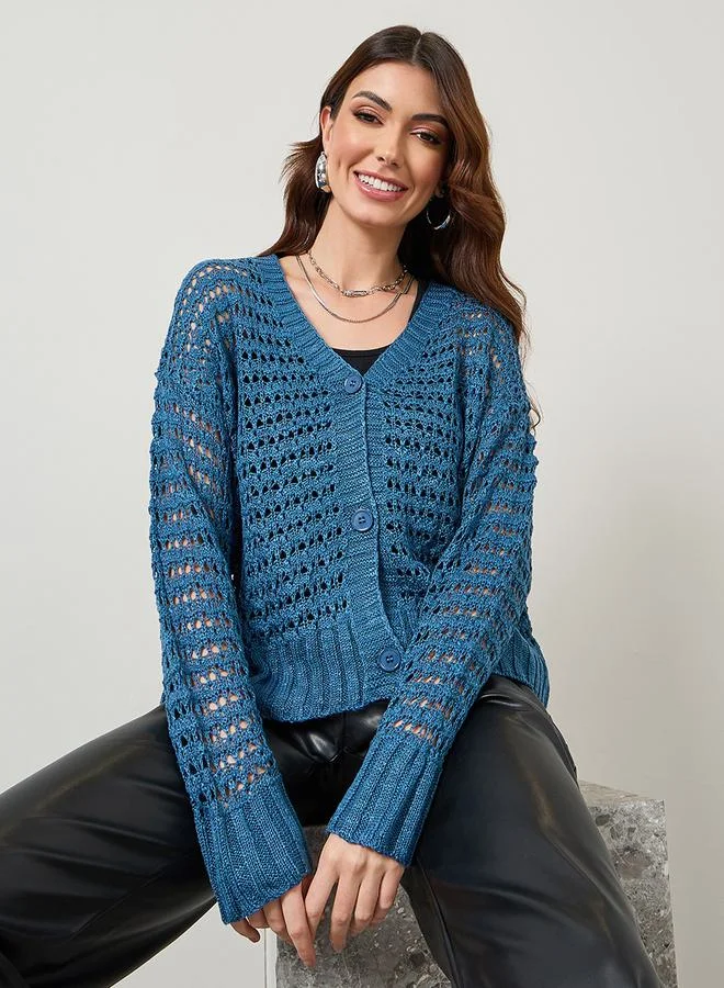 Styli Textured Button Down Short Length Cardigan