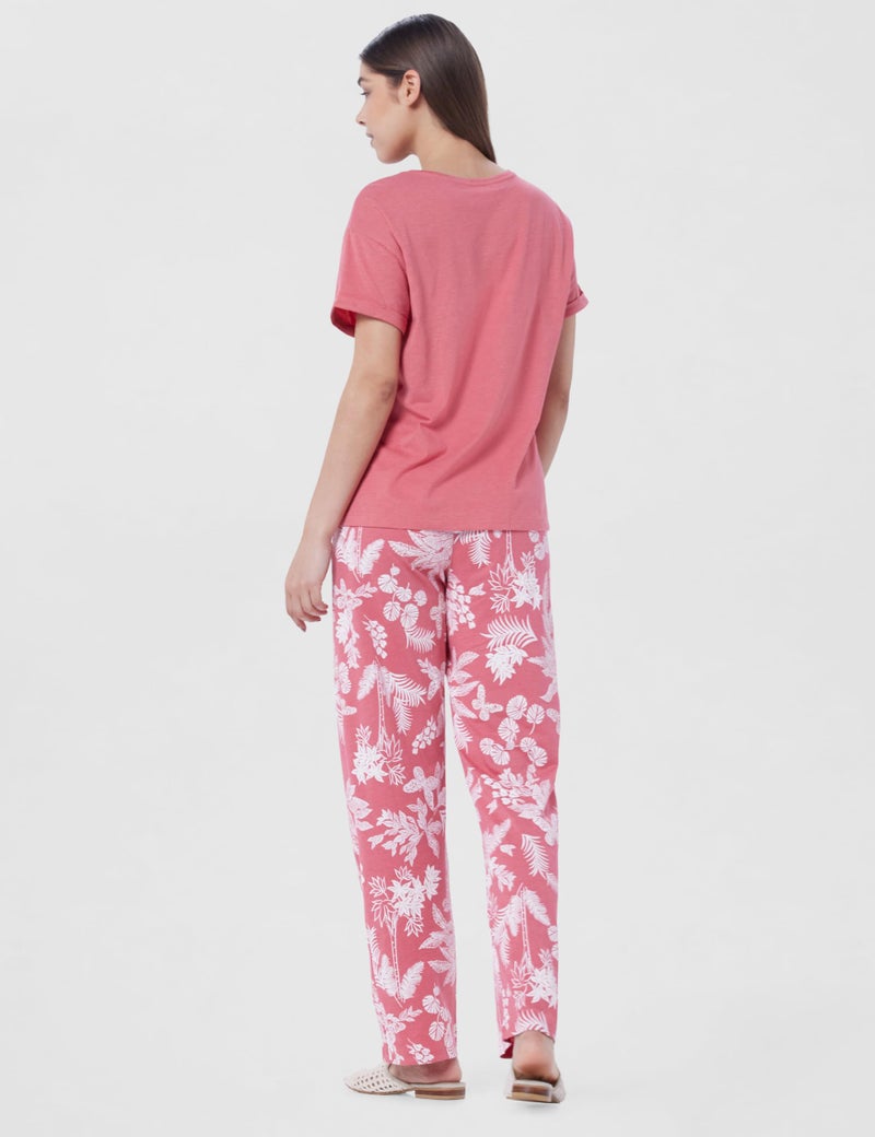 Marks & Spencer Cotton Rich Leaf Print Pyjama Set Rouge - Image 3