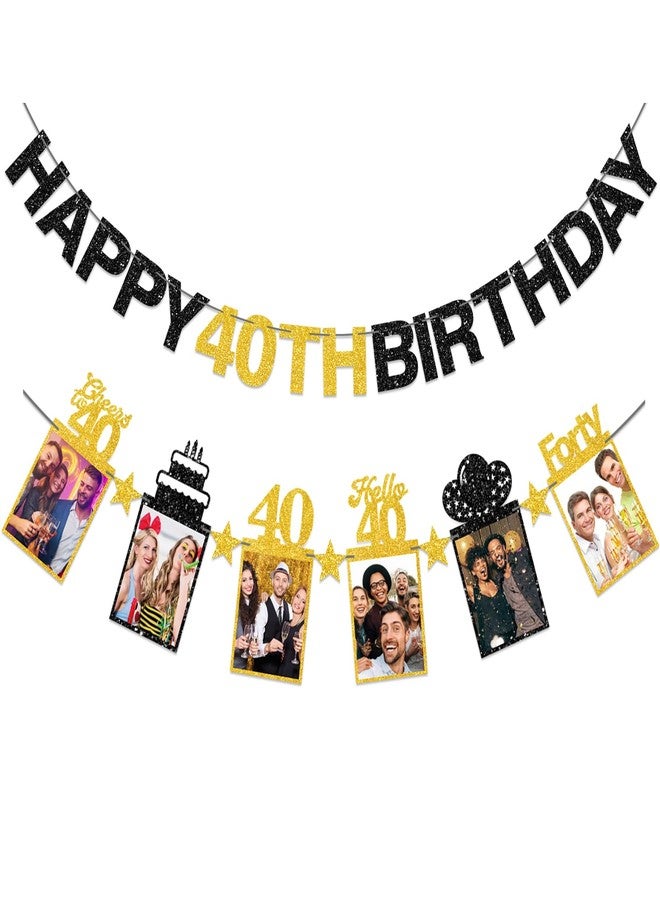 Guiruiy Pre-strung Happy 40th Birthday Photo Banner Decorations for Men Women, Black Gold Glitter Hello 40 Birthday Photo Hanging Banner Party Supplies, Cheers to 40 Years Old Bday Sign - Image 1