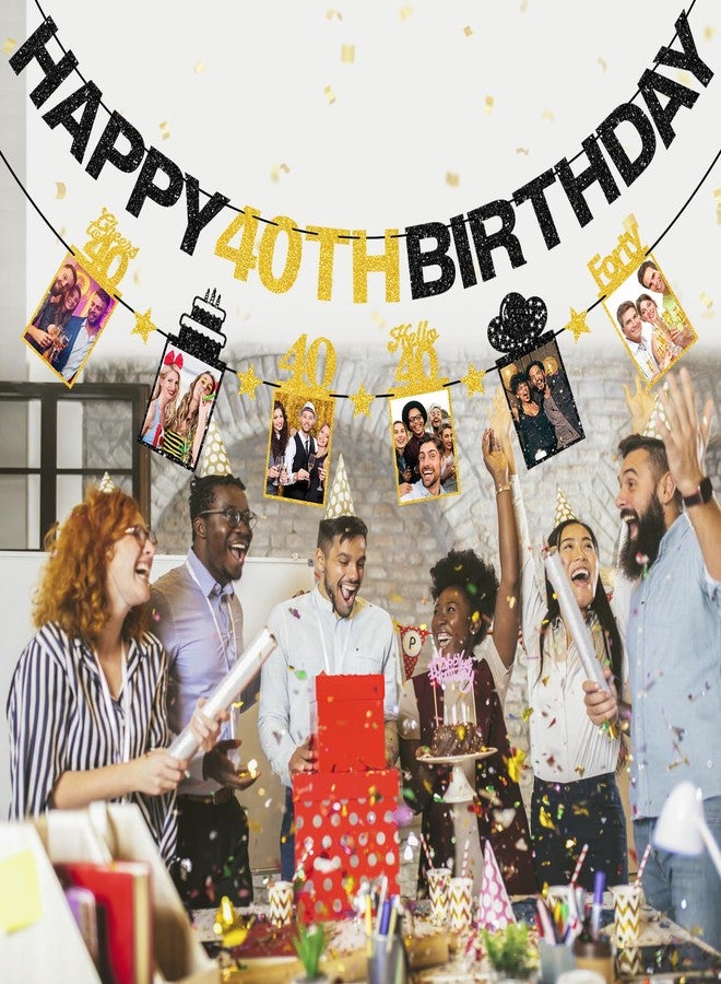 Guiruiy Pre-strung Happy 40th Birthday Photo Banner Decorations for Men Women, Black Gold Glitter Hello 40 Birthday Photo Hanging Banner Party Supplies, Cheers to 40 Years Old Bday Sign - Image 5