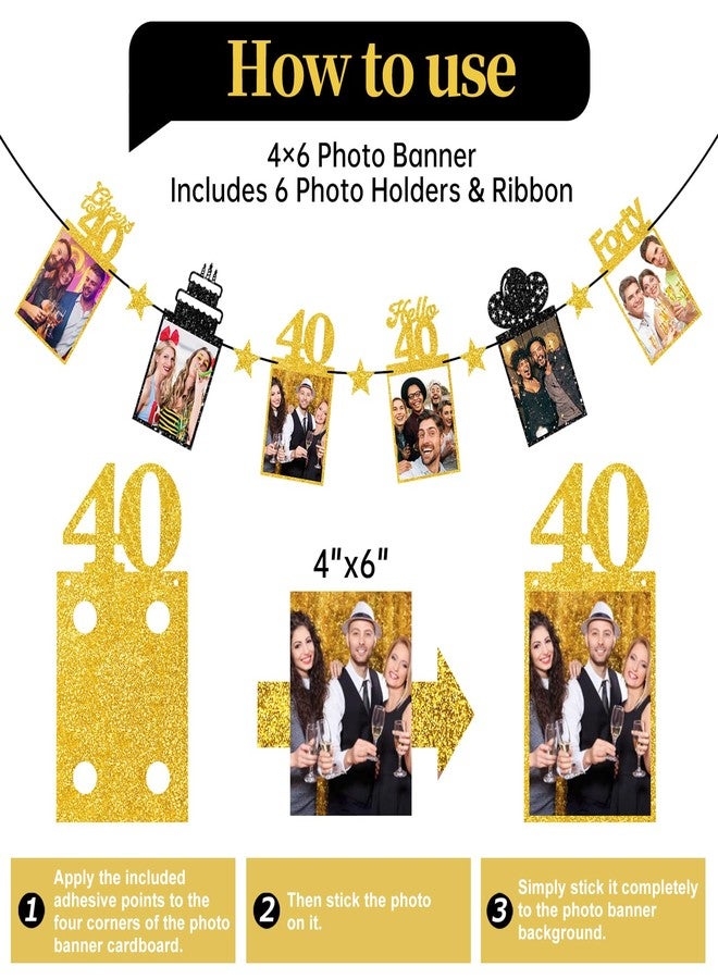 Guiruiy Pre-strung Happy 40th Birthday Photo Banner Decorations for Men Women, Black Gold Glitter Hello 40 Birthday Photo Hanging Banner Party Supplies, Cheers to 40 Years Old Bday Sign - Image 4