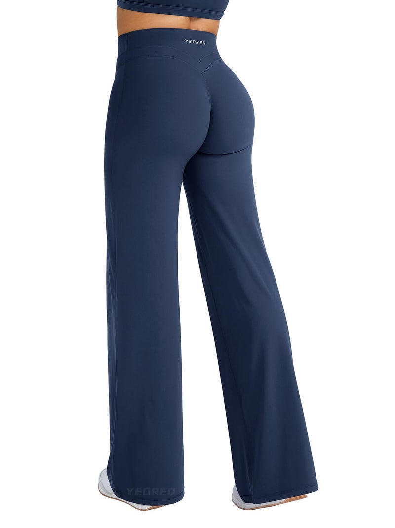 YEOREO Straight Leg Workout Leggings Hidden Scrunch High Waist Gym Pants No Front Seam Wide Leg Yoga Pants Navy M - Image 1