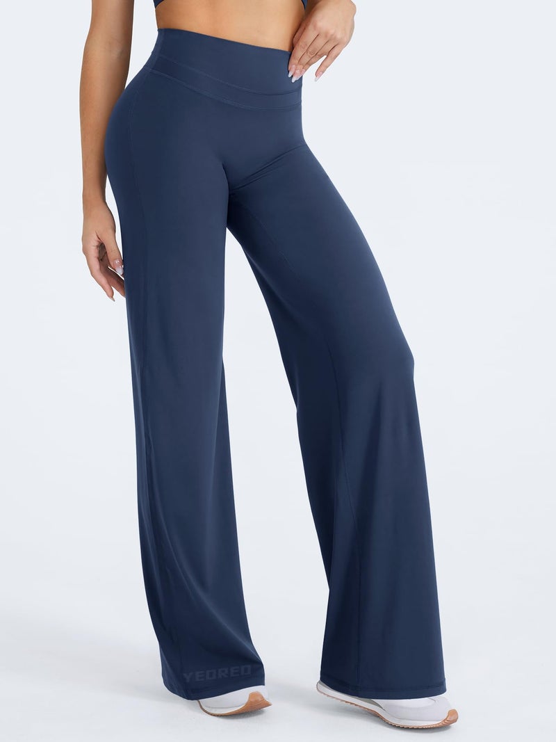 YEOREO Straight Leg Workout Leggings Hidden Scrunch High Waist Gym Pants No Front Seam Wide Leg Yoga Pants Navy M - Image 5