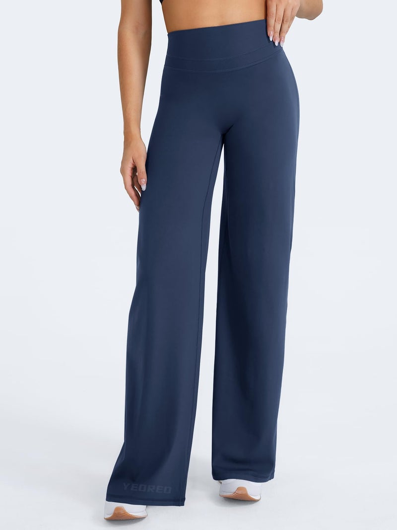 YEOREO Straight Leg Workout Leggings Hidden Scrunch High Waist Gym Pants No Front Seam Wide Leg Yoga Pants Navy M - Image 2
