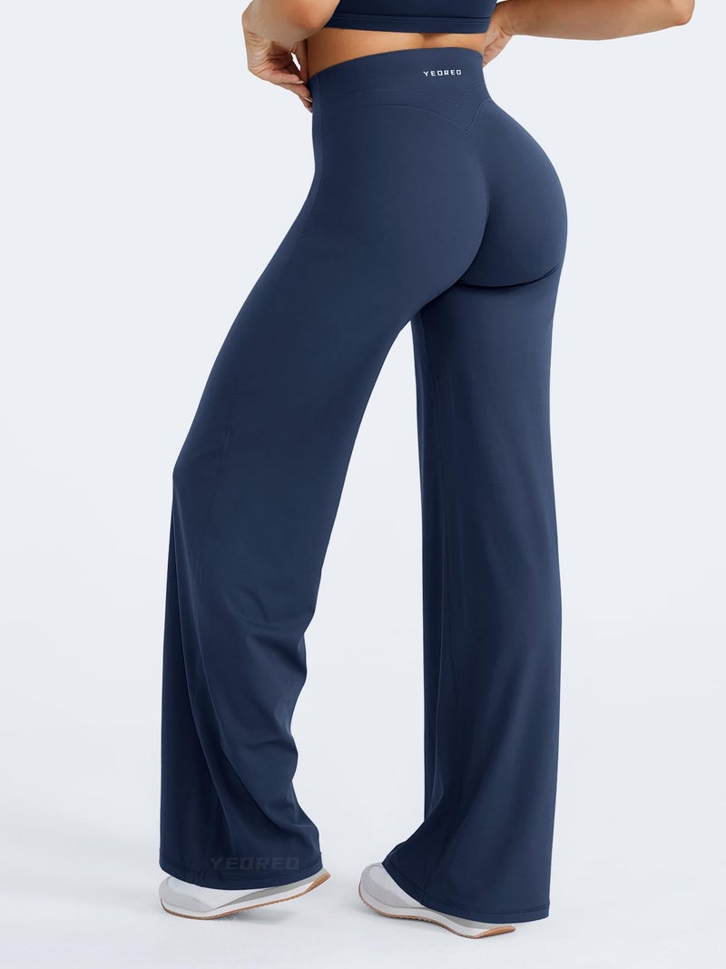 YEOREO Straight Leg Workout Leggings Hidden Scrunch High Waist Gym Pants No Front Seam Wide Leg Yoga Pants Navy M - Image 4