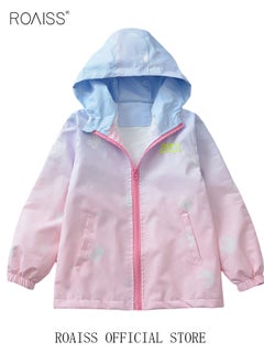 roaiss Little Girls Gradient Color Rain Jackets Lightweight Windproof Hoodie Jacket Kids Waterproof Windbreaker 4-14 Years  - Image 2