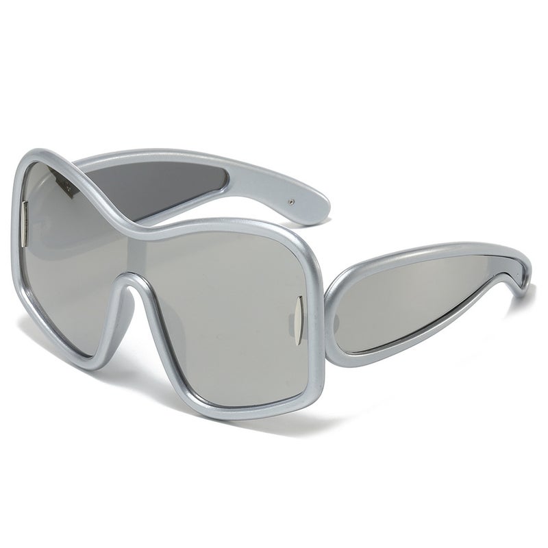 Generic 2024 Luo Yi New Y2K Large Frame One-piece European and American Sunglasses Fashion High-end Mens Sunglasses Womens High-end Sense Silver frame white mercury