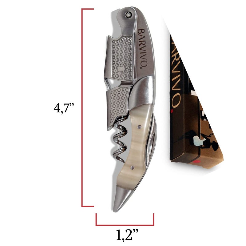 Barvivo Wine Opener with Foil Cutter and Cap Remover - Double Hinged Corkscrew for Bartenders - Stainless Steel Wine Key for Easy Bottle Opening - Manual Wine Bottle Opener - White Resin, 4.7x1.2-Inch - Image 2