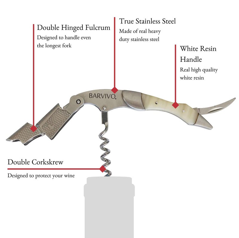 Barvivo Wine Opener with Foil Cutter and Cap Remover - Double Hinged Corkscrew for Bartenders - Stainless Steel Wine Key for Easy Bottle Opening - Manual Wine Bottle Opener - White Resin, 4.7x1.2-Inch - Image 3