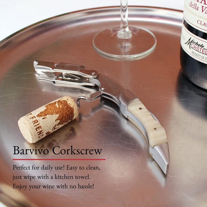 Barvivo Wine Opener with Foil Cutter and Cap Remover - Double Hinged Corkscrew for Bartenders - Stainless Steel Wine Key for Easy Bottle Opening - Manual Wine Bottle Opener - White Resin, 4.7x1.2-Inch - Image 4