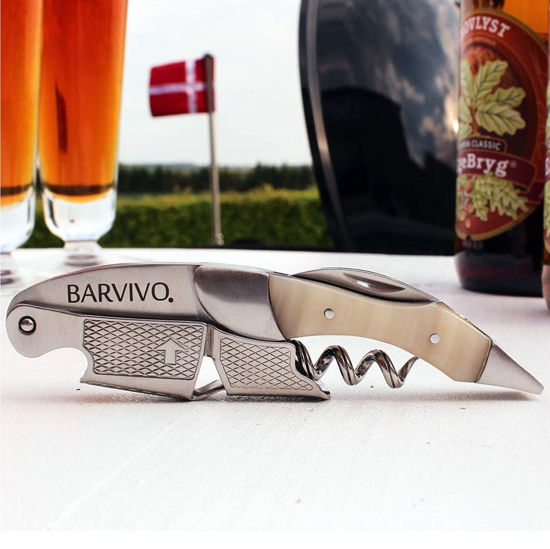 Barvivo Wine Opener with Foil Cutter and Cap Remover - Double Hinged Corkscrew for Bartenders - Stainless Steel Wine Key for Easy Bottle Opening - Manual Wine Bottle Opener - White Resin, 4.7x1.2-Inch - Image 5