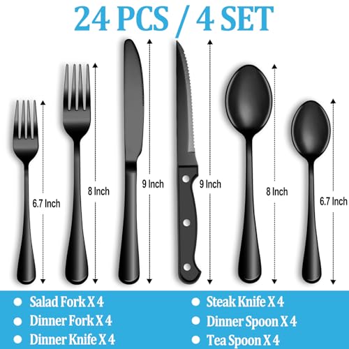 MUTNITT 24 Pcs Black Silverware Set with Steak Knives Stainless Steel Flatware Cutlery Set Service for 4 Kitchen Tableware Set Utensil Set for Home and Restaurant Knives Forks Spoon Set Dishwasher Safe - Image 3