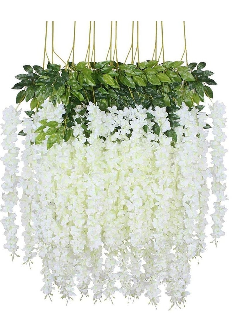 Artificial Hanging White Wisteria Flower Branches – Set of 12, Decorative Faux Floral Garland for Weddings, Events & Home Décor