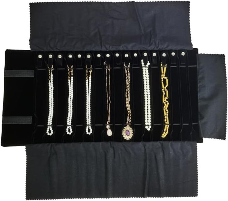 SCIKHEFT Portable Jewelry Roll Untangled Secure Necklace Travel Storage Bag Displays Holder 16 Chain (Gray PU and Black Velvet) - Image 2