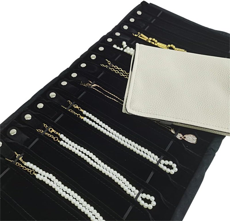 SCIKHEFT Portable Jewelry Roll Untangled Secure Necklace Travel Storage Bag Displays Holder 16 Chain (Gray PU and Black Velvet) - Image 4
