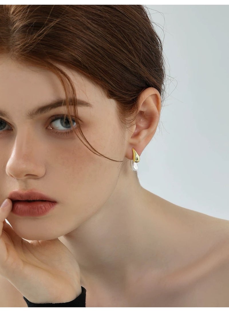 DINGKA Two-Color Stitching Water Drop Brushed Earrings 18k Gold Plated Earrings for Women - Image 1