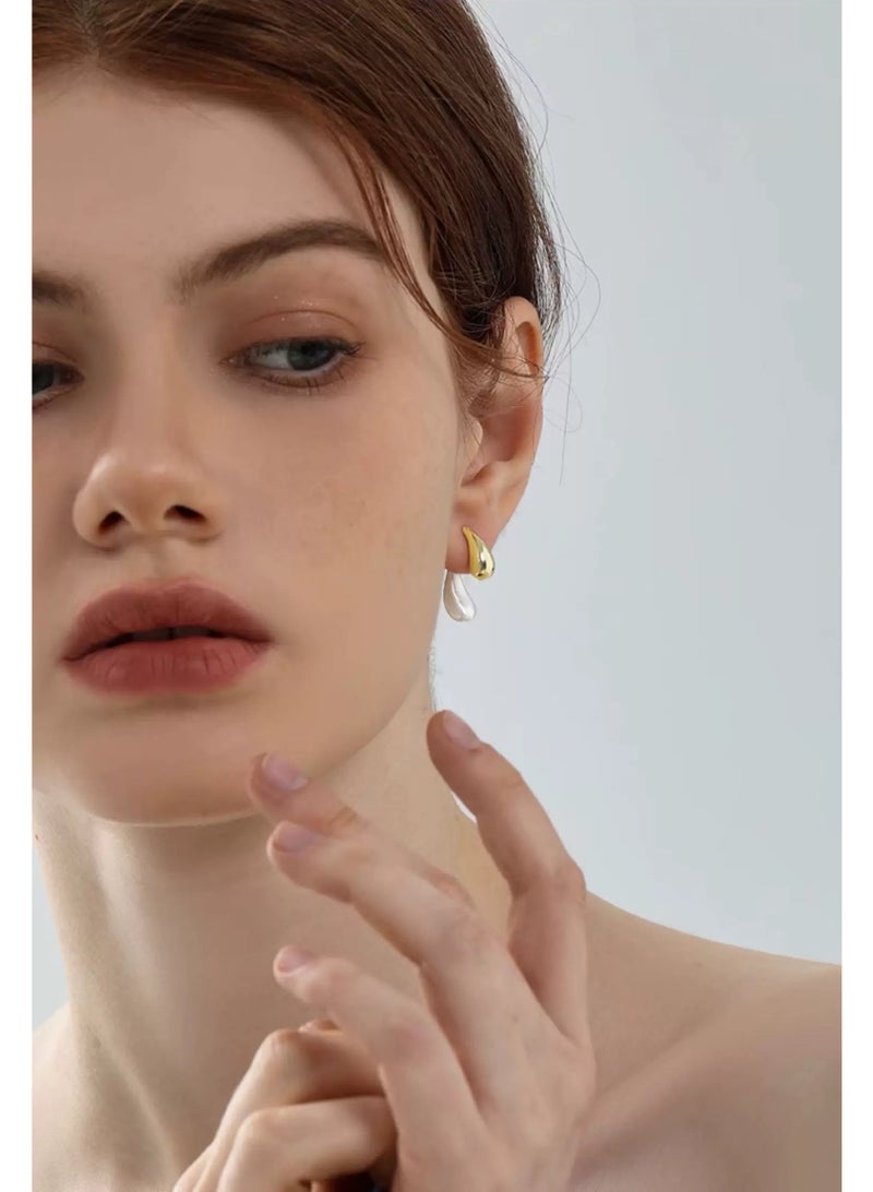 DINGKA Two-Color Stitching Water Drop Brushed Earrings 18k Gold Plated Earrings for Women - Image 4