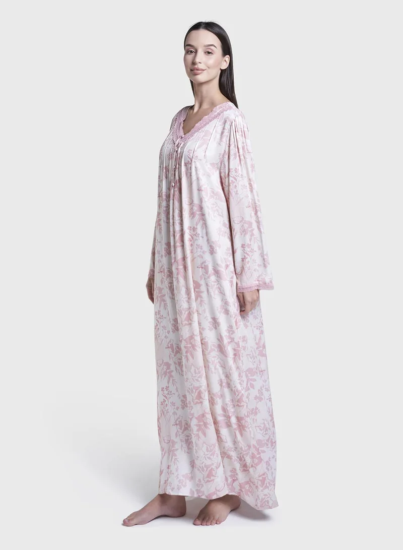 Kashkha  Peach Floral Print Viscose Long Nightwear Dress (CNH466) for Women | Best Price UAE
