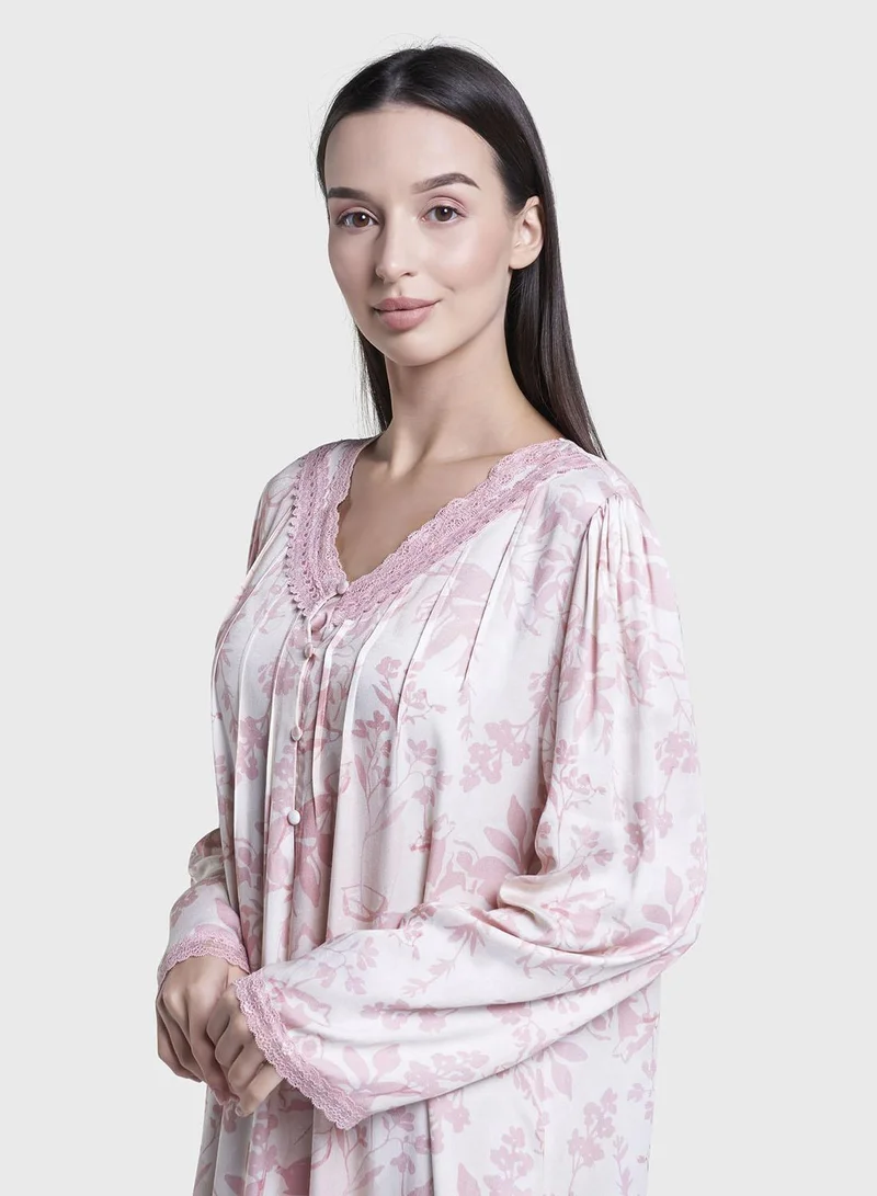 كشخة Peach Floral Print Viscose Long Nightwear Dress (CNH466)