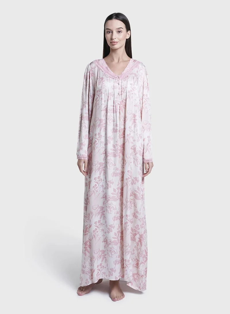 كشخة Peach Floral Print Viscose Long Nightwear Dress (CNH466)