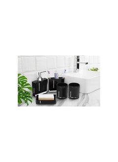 Bathroom Accessory Sets, 5PC Set Complete Modern Bath Decor Set Including Emulsion Bottle Toothbrush Holder 2 Gargle Cups Soap Dish for Bathroom Countertop Vanity Organizer Black