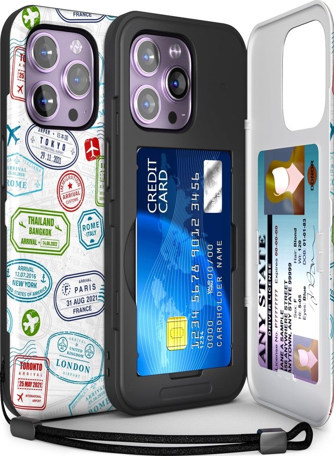 TORU جراب TORU لهاتف iPhone 14 Pro Max، جراب محفظة مع حامل بطاقات، فتحة مخفية لبطاقات الهوية والائتمان، مسند قابل للطي، غطاء هاتف نحيف مقاوم للصدمات شديد التحمل مع حزام - بنمط طوابع السفر - Image 1