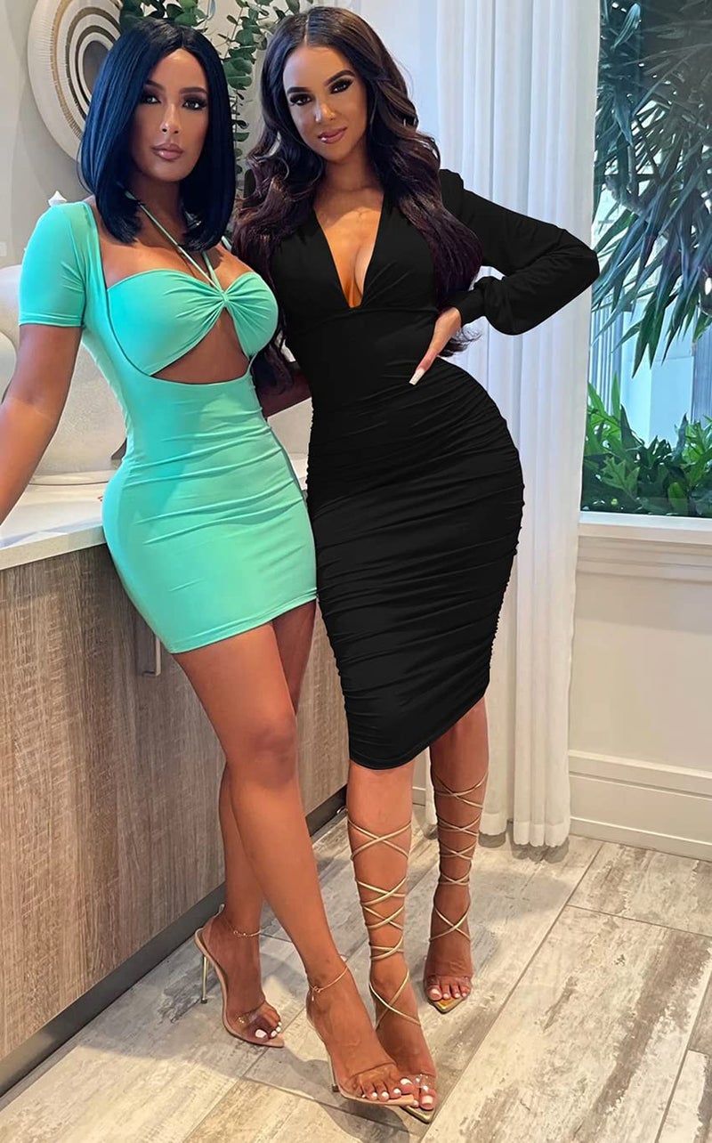 GOBLES Women's Sexy Long Sleeve Deep V Neck Ruched Bodycon Cocktail Party Midi Dress Black - Image 4