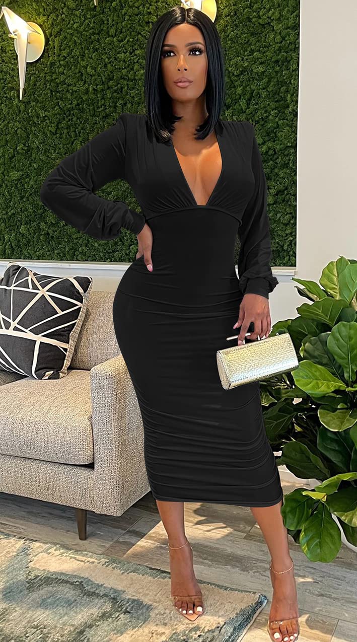 GOBLES Women's Sexy Long Sleeve Deep V Neck Ruched Bodycon Cocktail Party Midi Dress Black - Image 5
