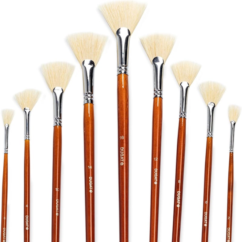 DUGATO Artist Fan Paint Brush Set of 9, White Hog Bristle Natural Hair Anti-Shedding Brush Tips, Long Wooden Handle for Comfortable Holding, Great for Acrylic Oil Painting - Image 1
