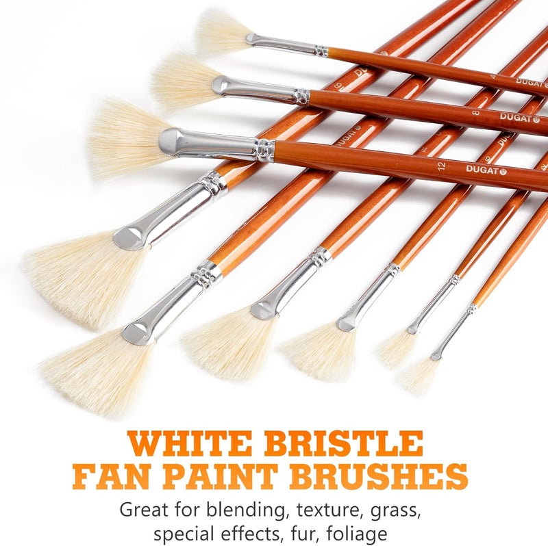 DUGATO Artist Fan Paint Brush Set of 9, White Hog Bristle Natural Hair Anti-Shedding Brush Tips, Long Wooden Handle for Comfortable Holding, Great for Acrylic Oil Painting - Image 2