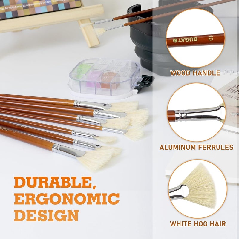DUGATO Artist Fan Paint Brush Set of 9, White Hog Bristle Natural Hair Anti-Shedding Brush Tips, Long Wooden Handle for Comfortable Holding, Great for Acrylic Oil Painting - Image 5