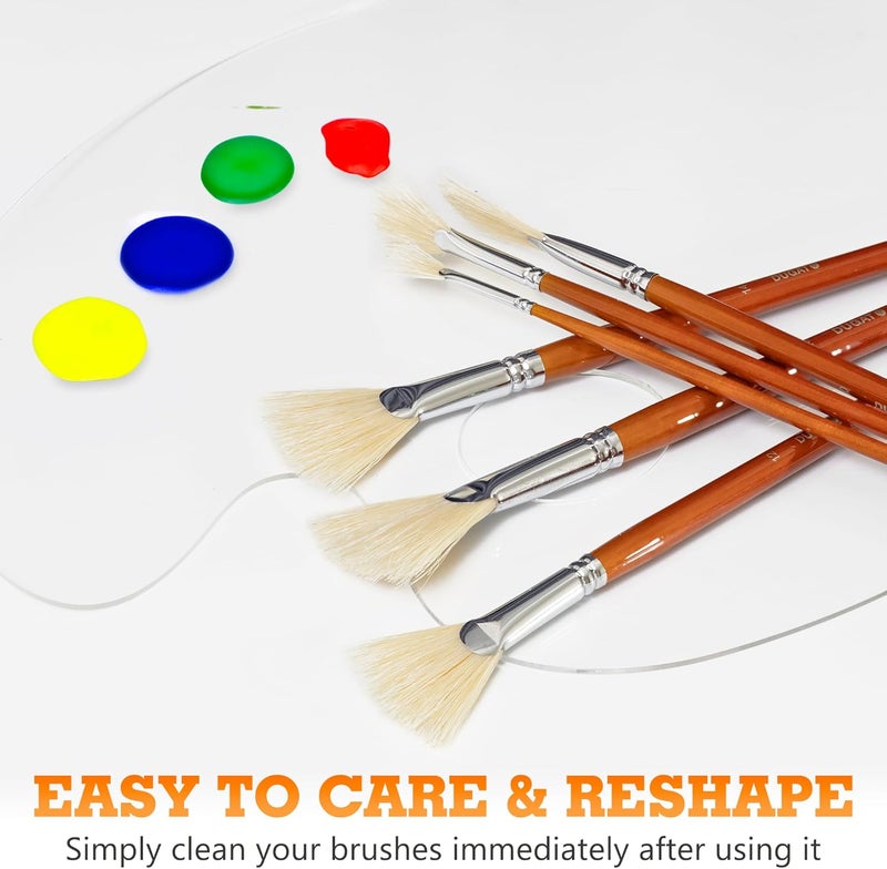 DUGATO Artist Fan Paint Brush Set of 9, White Hog Bristle Natural Hair Anti-Shedding Brush Tips, Long Wooden Handle for Comfortable Holding, Great for Acrylic Oil Painting - Image 4