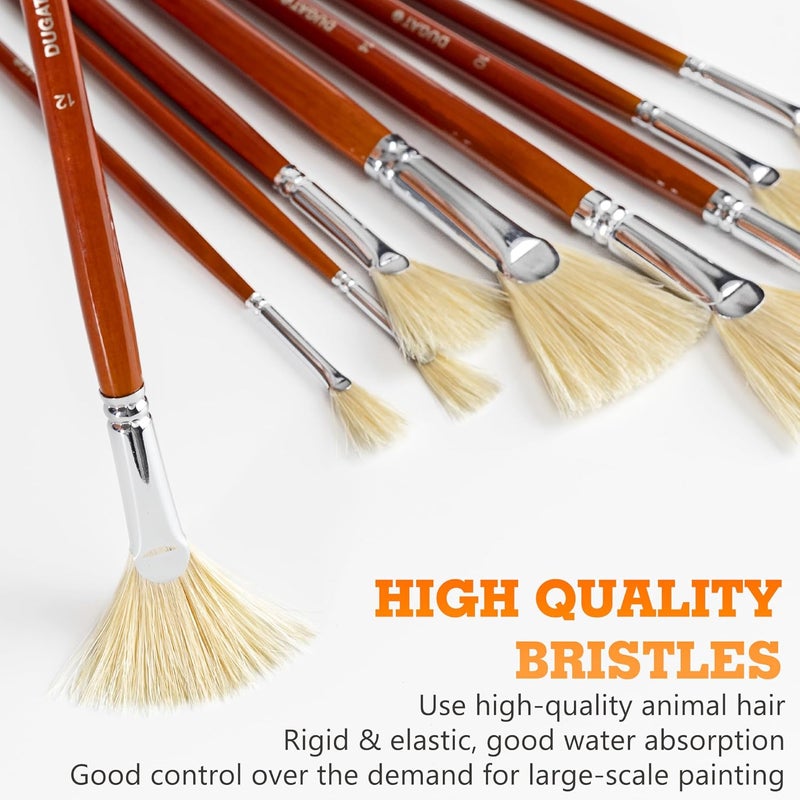 DUGATO Artist Fan Paint Brush Set of 9, White Hog Bristle Natural Hair Anti-Shedding Brush Tips, Long Wooden Handle for Comfortable Holding, Great for Acrylic Oil Painting - Image 3